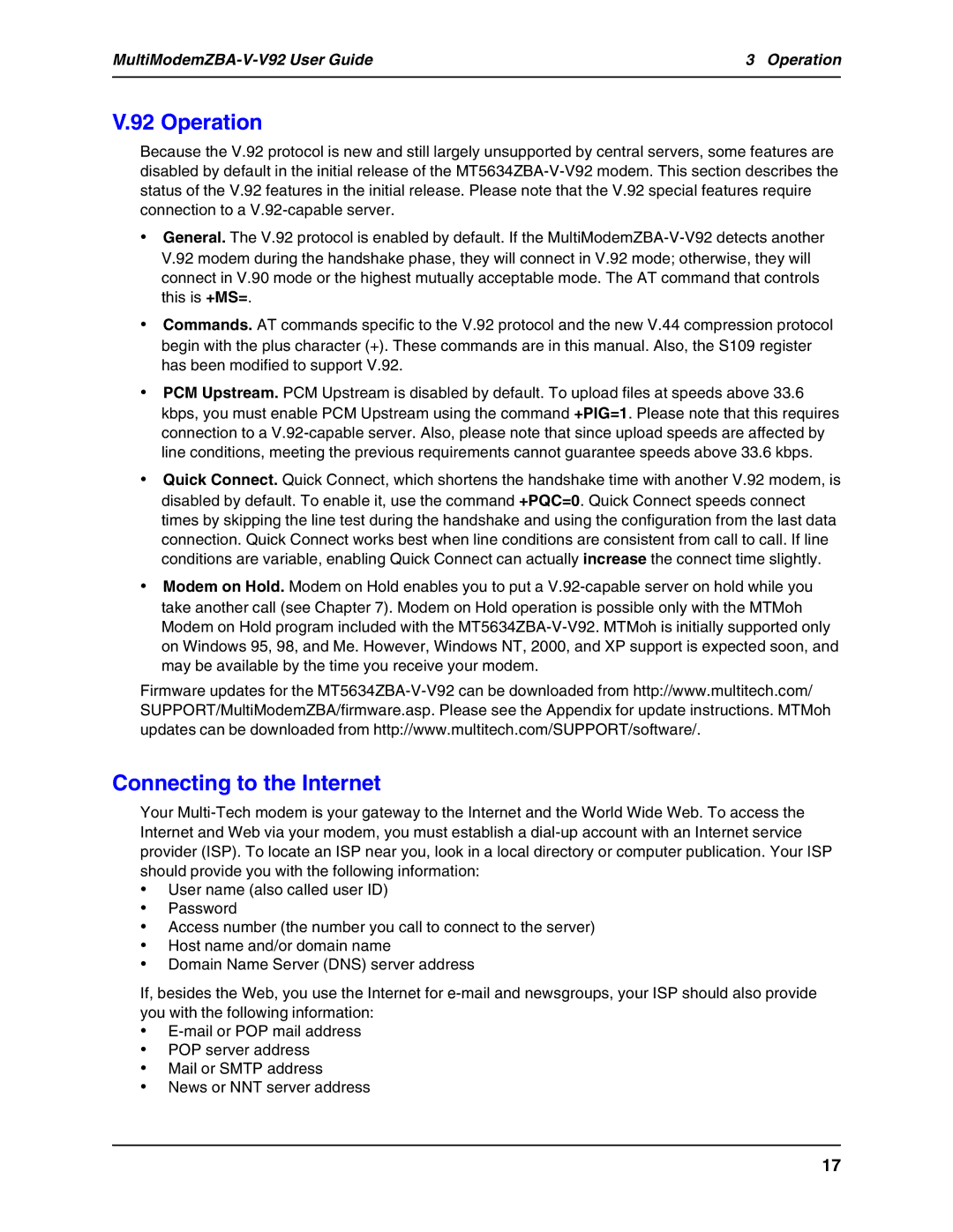 Multi Tech Equipment MT5634ZBA-V-V92 manual Operation, Connecting to the Internet 