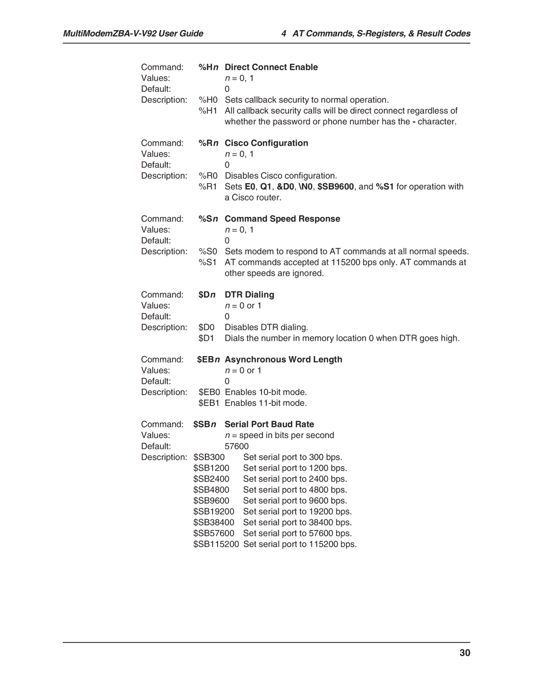 Multi Tech Equipment MT5634ZBA-V-V92 Direct Connect Enable, Cisco Configuration, Command Speed Response, $Dn DTR Dialing 