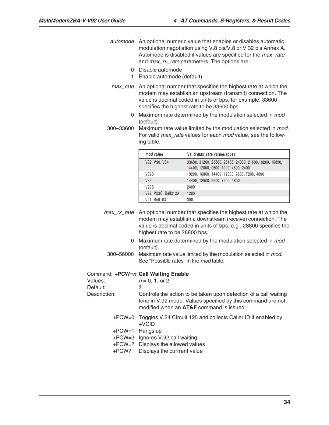 Multi Tech Equipment MT5634ZBA-V-V92 manual Command +PCW= n Call Waiting Enable, Mod value Valid maxrate values bps 