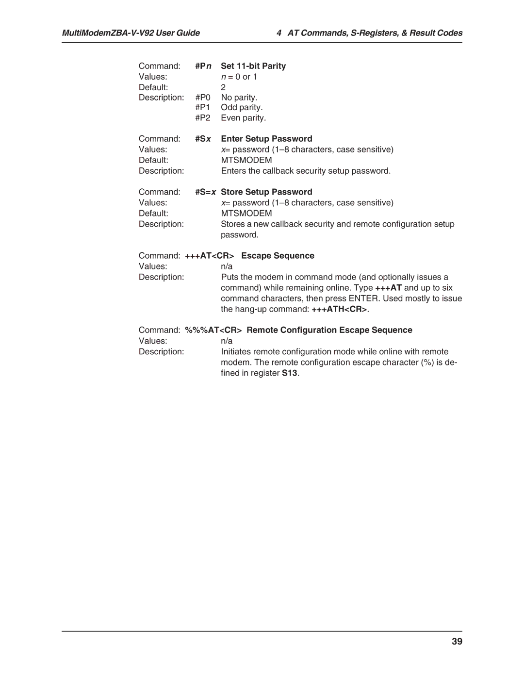 Multi Tech Equipment MT5634ZBA-V-V92 manual #Pn Set 11-bit Parity, #Sx Enter Setup Password, #S=x Store Setup Password 