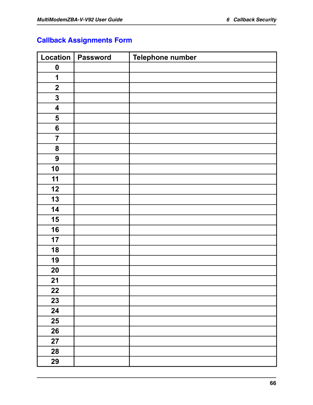 Multi Tech Equipment MT5634ZBA-V-V92 manual Callback Assignments Form, MultiModemZBA-V-V92 User Guide6 Callback Security 