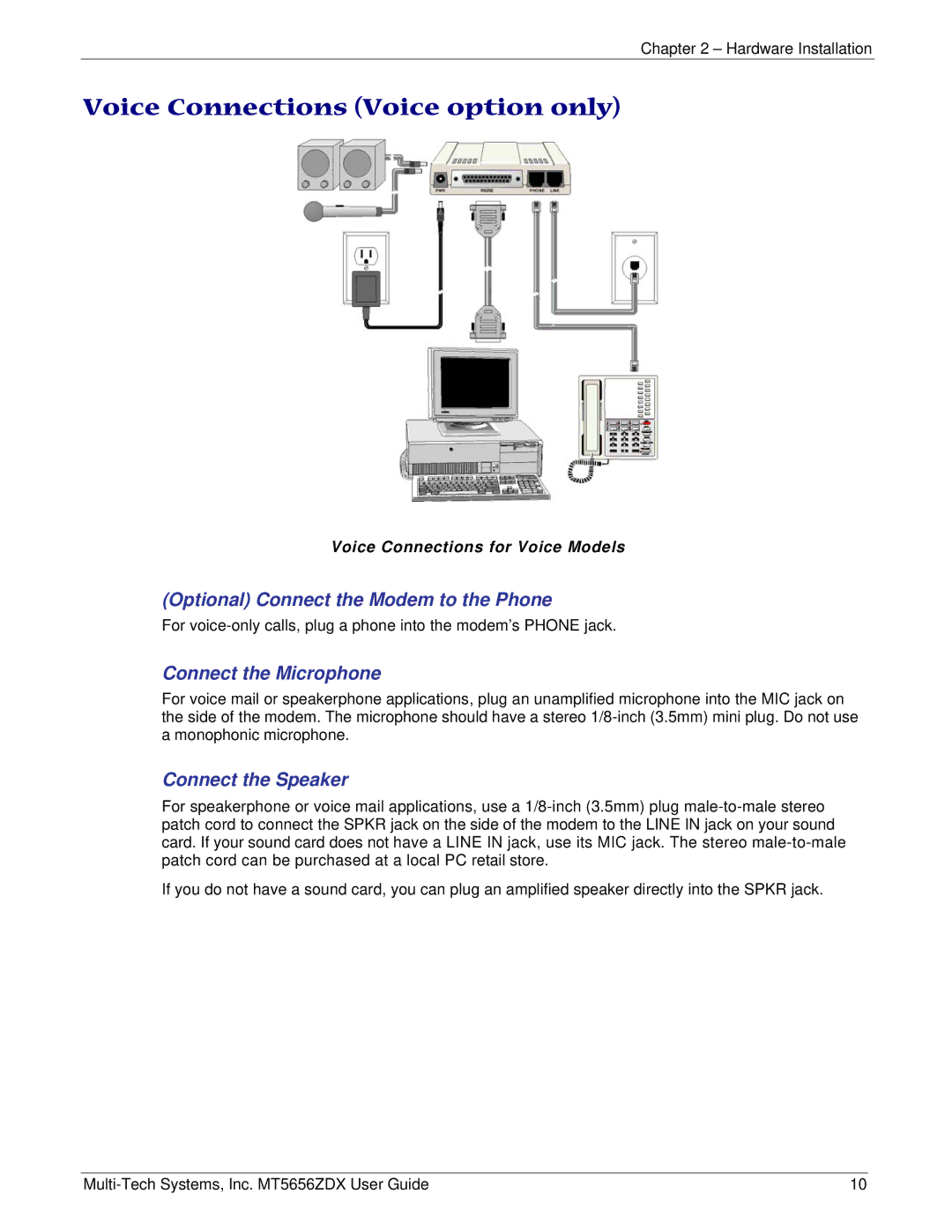 Multi Tech Equipment MT5656ZDX manual Voice Connections Voice option only, Connect the Microphone 