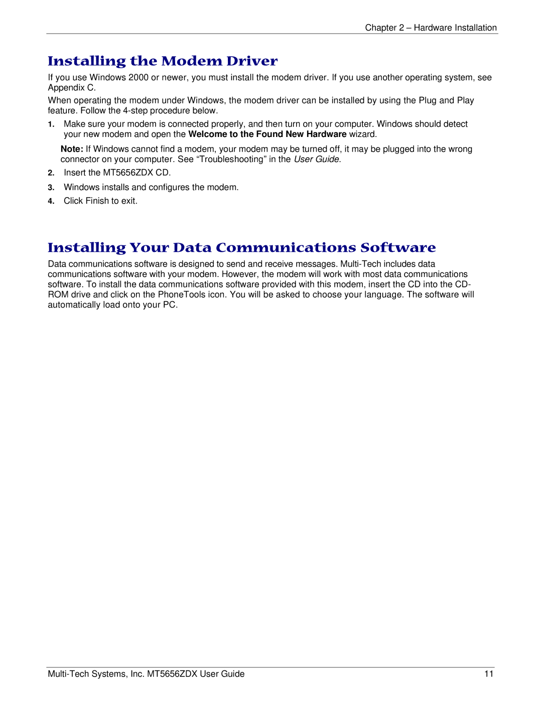 Multi Tech Equipment MT5656ZDX manual Installing the Modem Driver, Installing Your Data Communications Software 