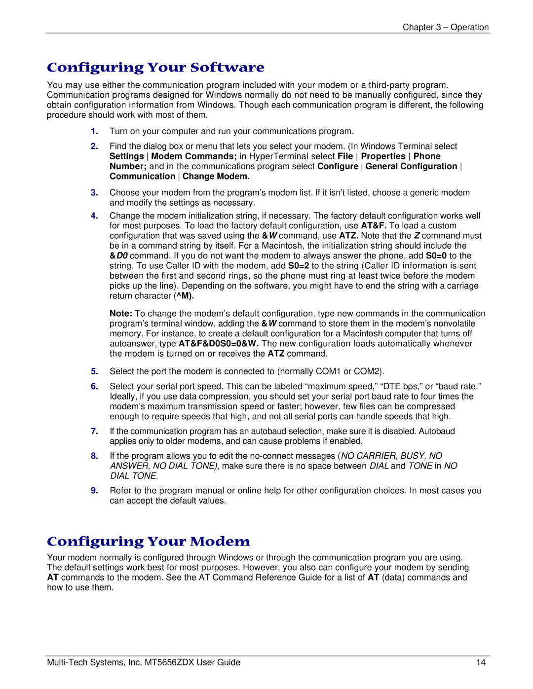Multi Tech Equipment MT5656ZDX manual Configuring Your Software, Configuring Your Modem 