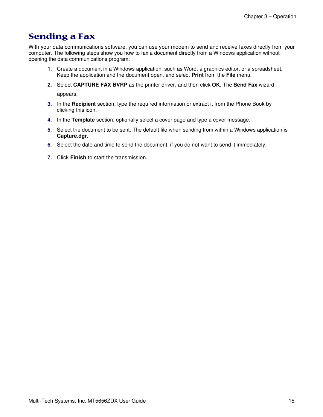 Multi Tech Equipment MT5656ZDX manual Sending a Fax, Capture.dgr 