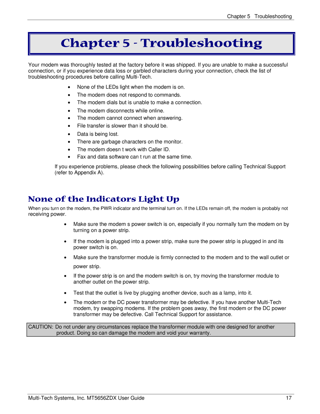 Multi Tech Equipment MT5656ZDX manual Troubleshooting, None of the Indicators Light Up 