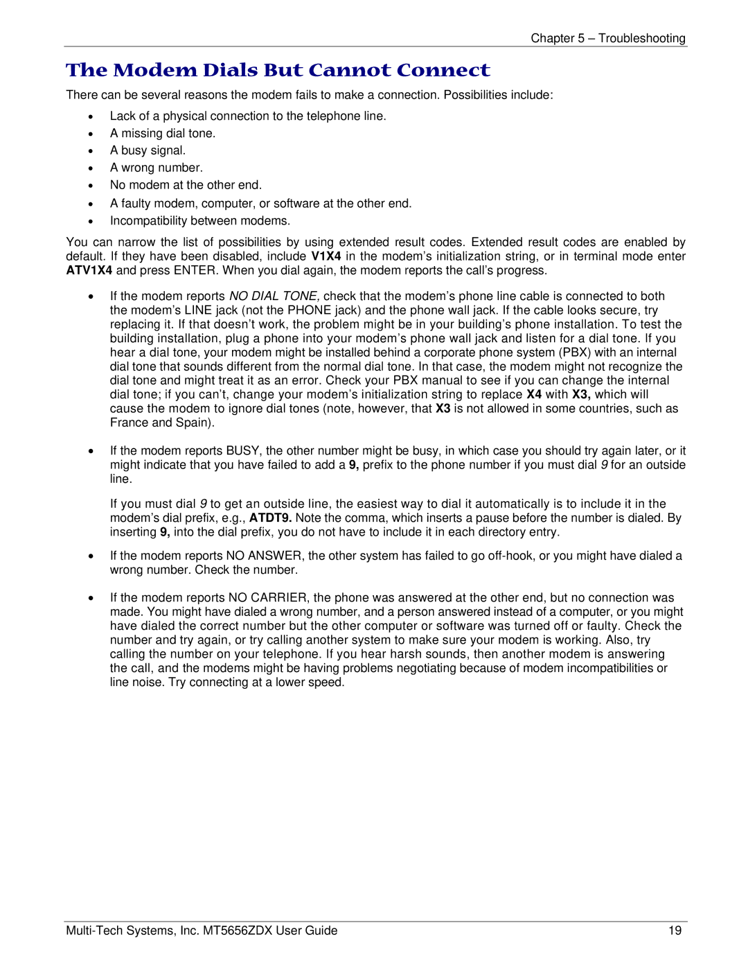 Multi Tech Equipment MT5656ZDX manual Modem Dials But Cannot Connect 