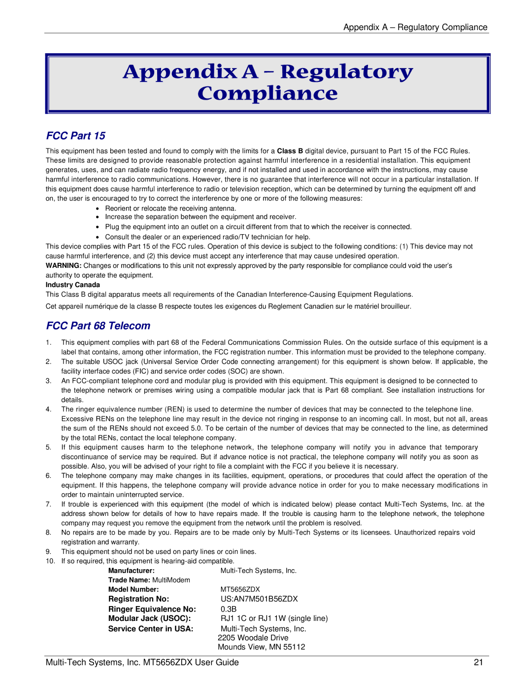 Multi Tech Equipment MT5656ZDX manual Appendix a Regulatory Compliance, FCC Part 