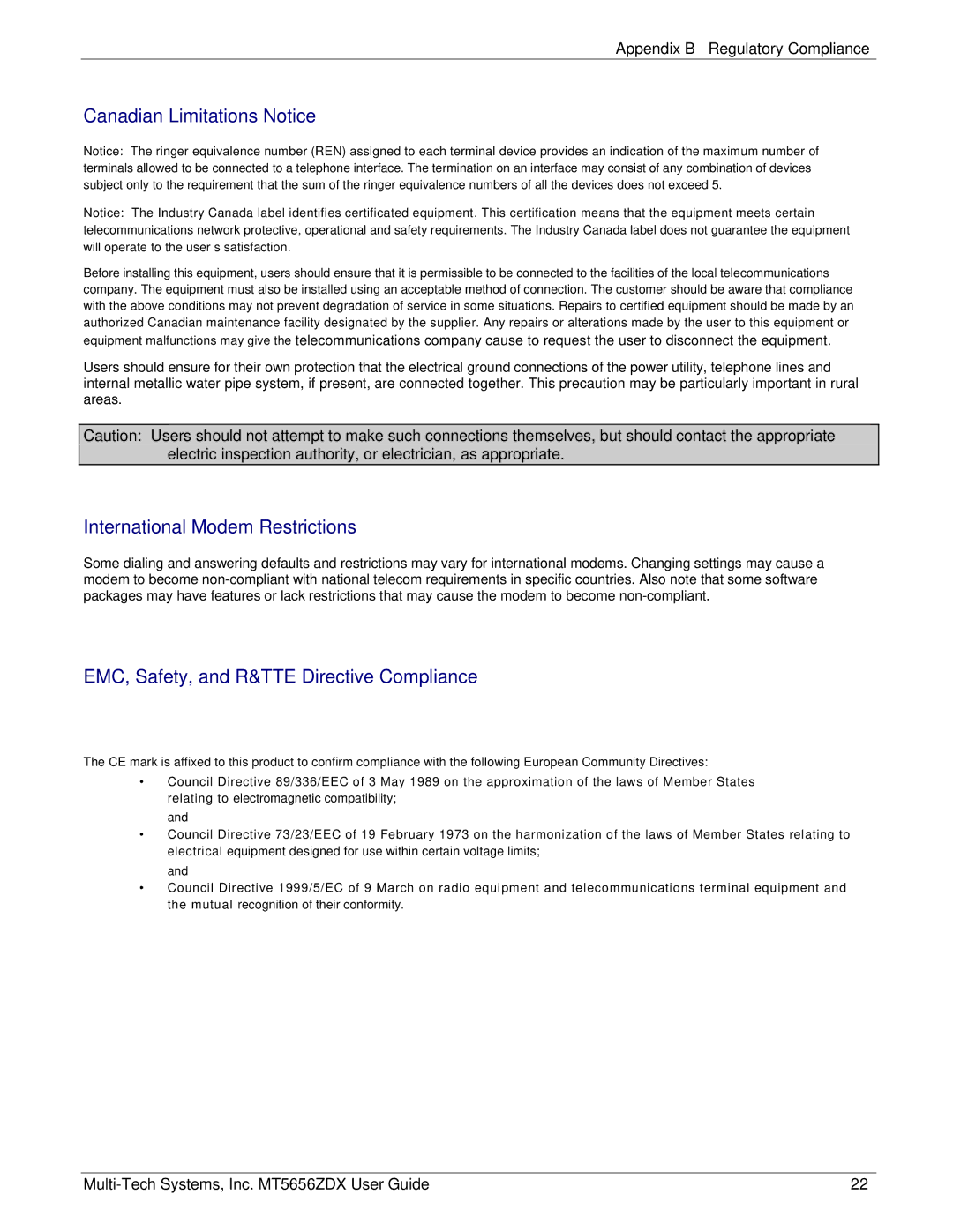 Multi Tech Equipment MT5656ZDX manual Canadian Limitations Notice 