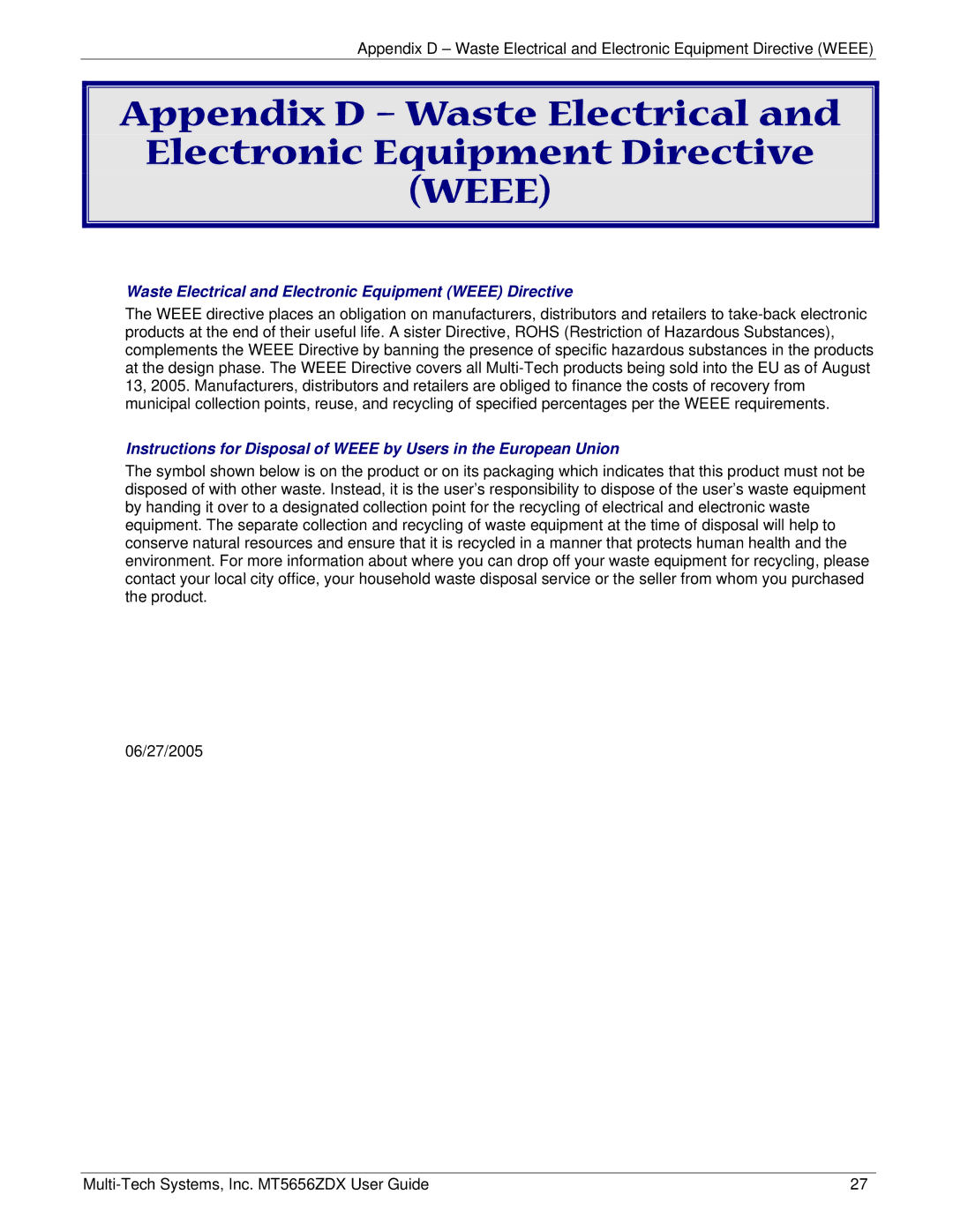 Multi Tech Equipment MT5656ZDX manual Appendix D Waste Electrical Electronic Equipment Directive, Weee 