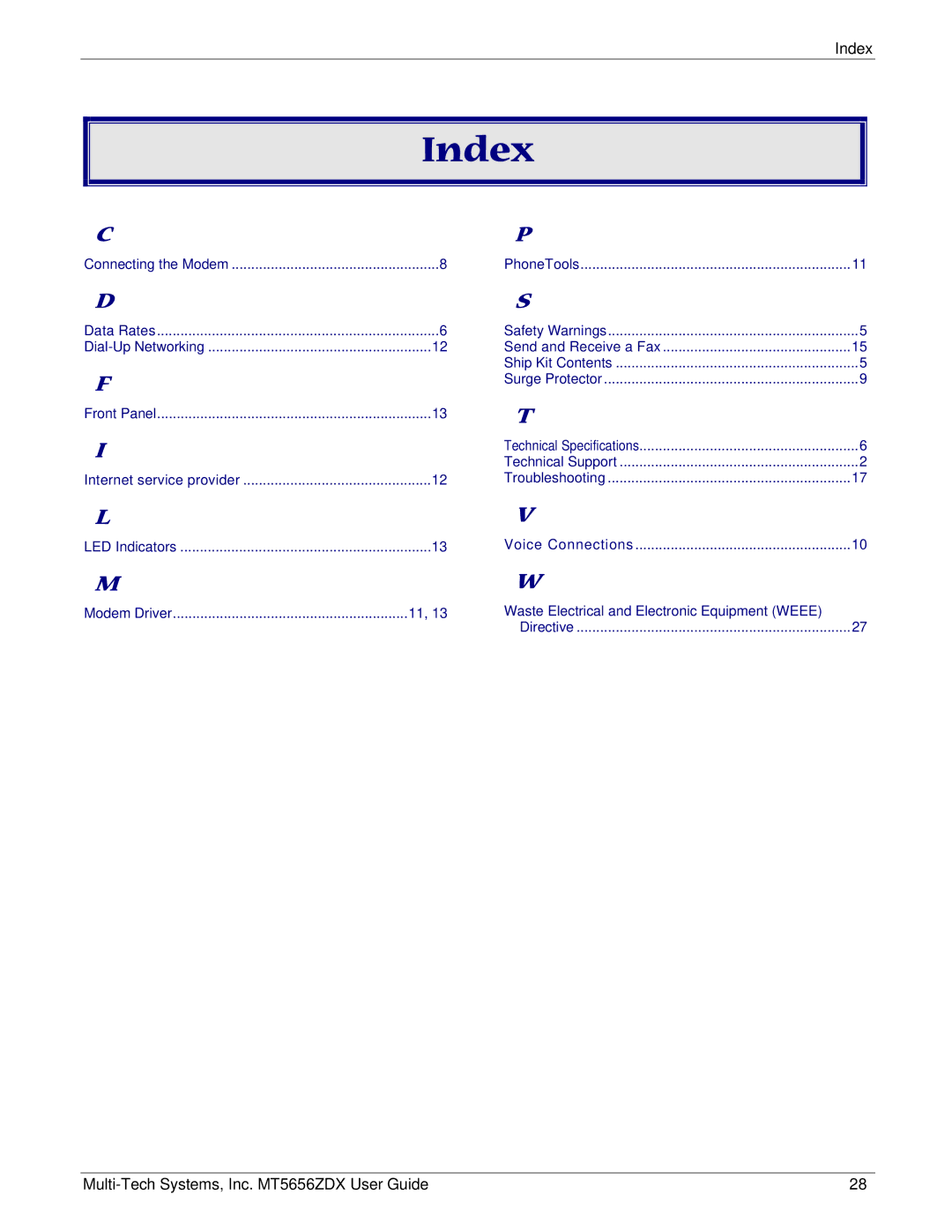 Multi Tech Equipment MT5656ZDX manual Index 