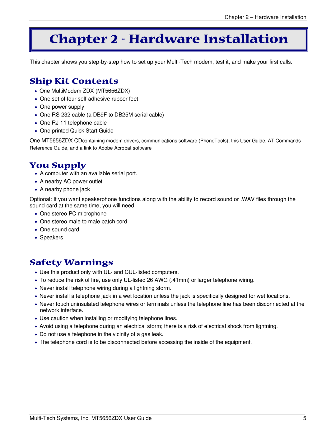 Multi Tech Equipment MT5656ZDX manual Hardware Installation, Ship Kit Contents, You Supply, Safety Warnings 