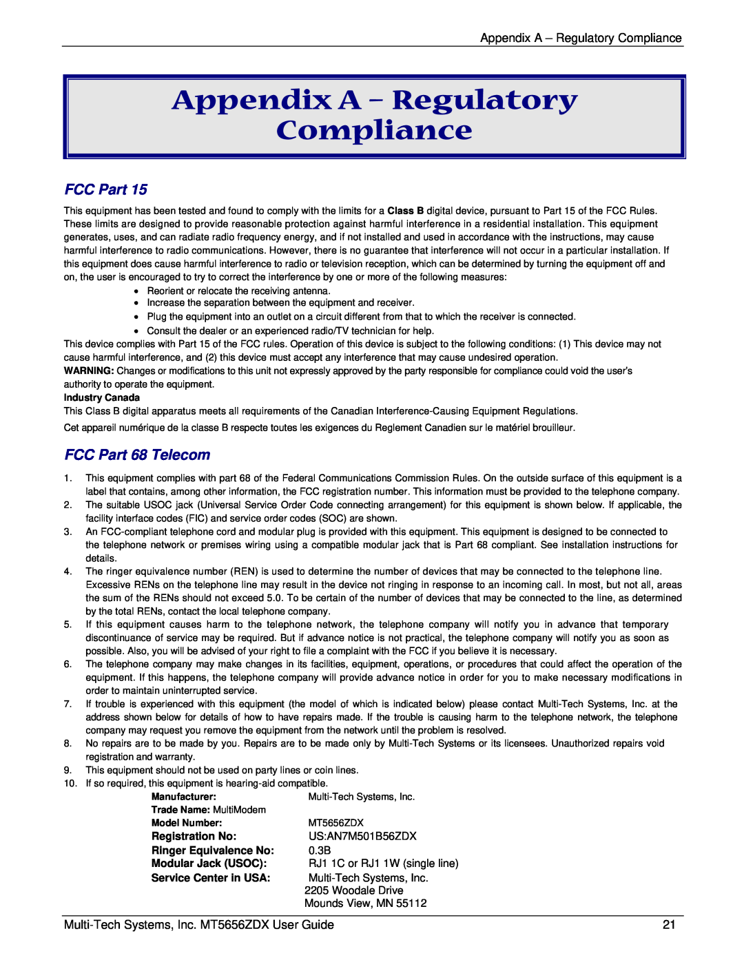 Multi Tech Equipment MT5656ZDX manual Appendix A - Regulatory Compliance, FCC Part 68 Telecom, Registration No, 0.3B 