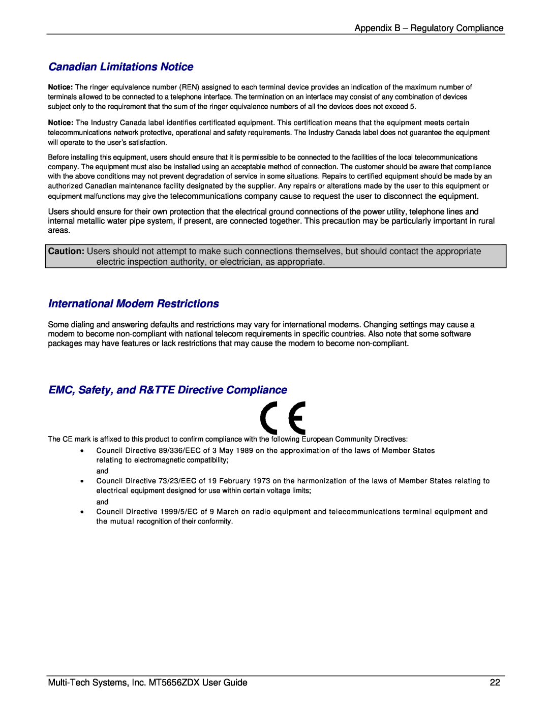 Multi Tech Equipment MT5656ZDX manual Canadian Limitations Notice, International Modem Restrictions 