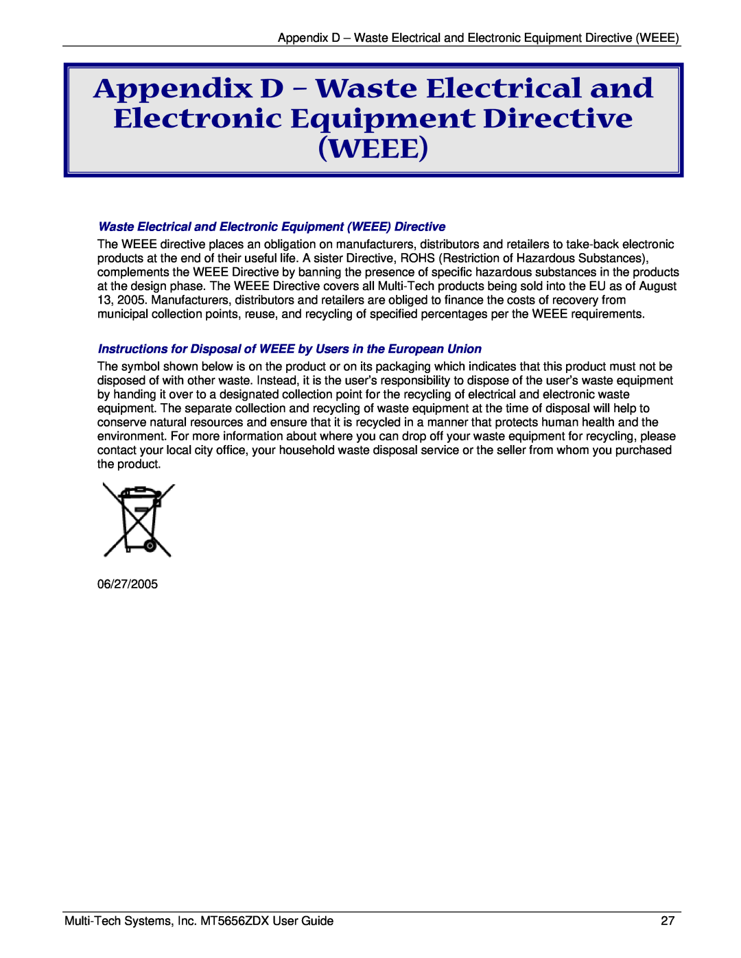 Multi Tech Equipment MT5656ZDX manual Appendix D - Waste Electrical and Electronic Equipment Directive WEEE 