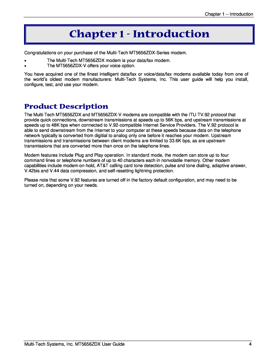 Multi Tech Equipment MT5656ZDX manual Introduction, Product Description 