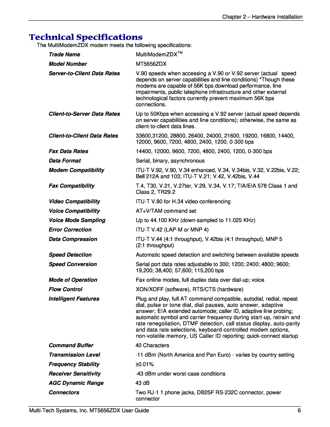 Multi Tech Equipment MT5656ZDX manual Technical Specifications 