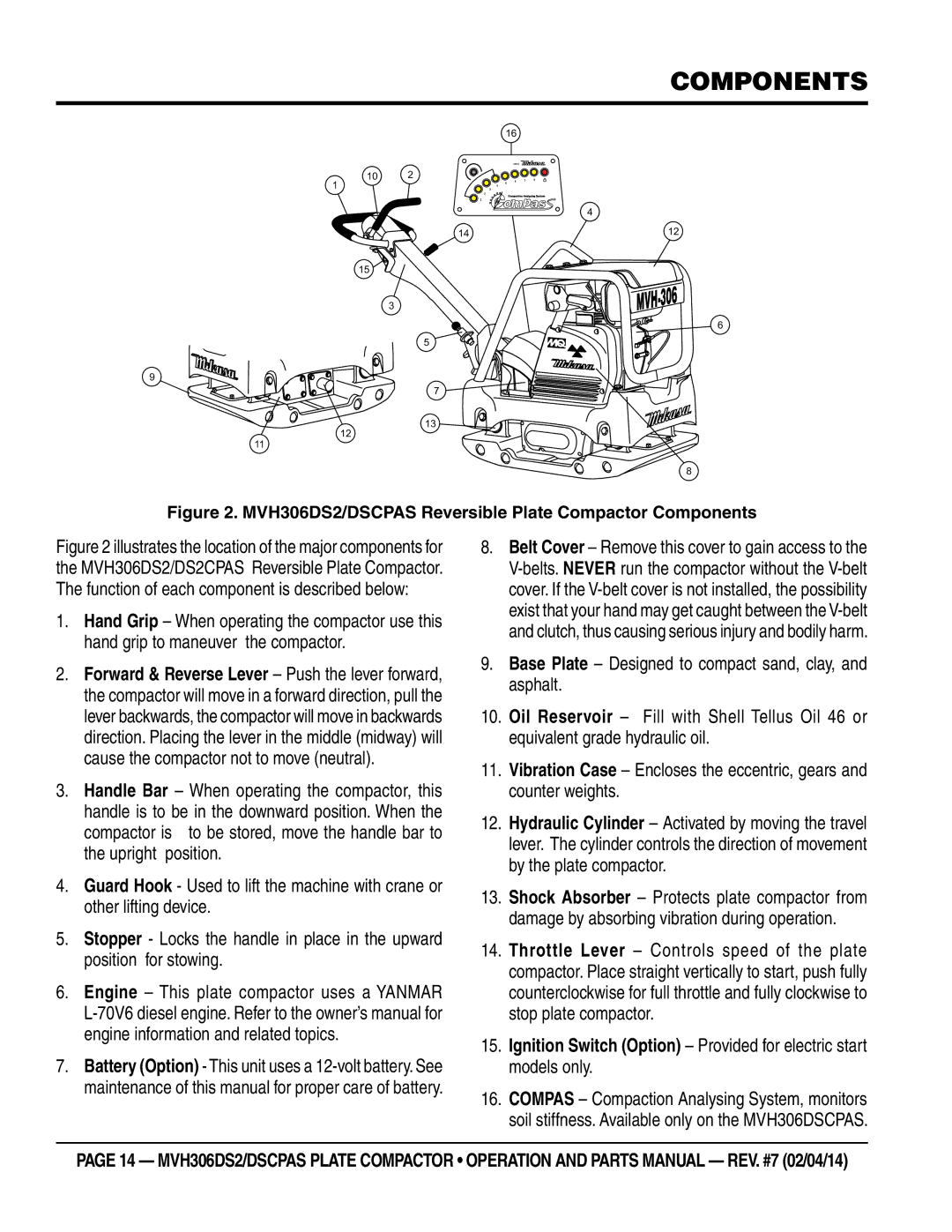 Multi Tech Equipment MVH306DSCPAS manual MVH306DS2/DSCPAS Reversible Plate Compactor Components 