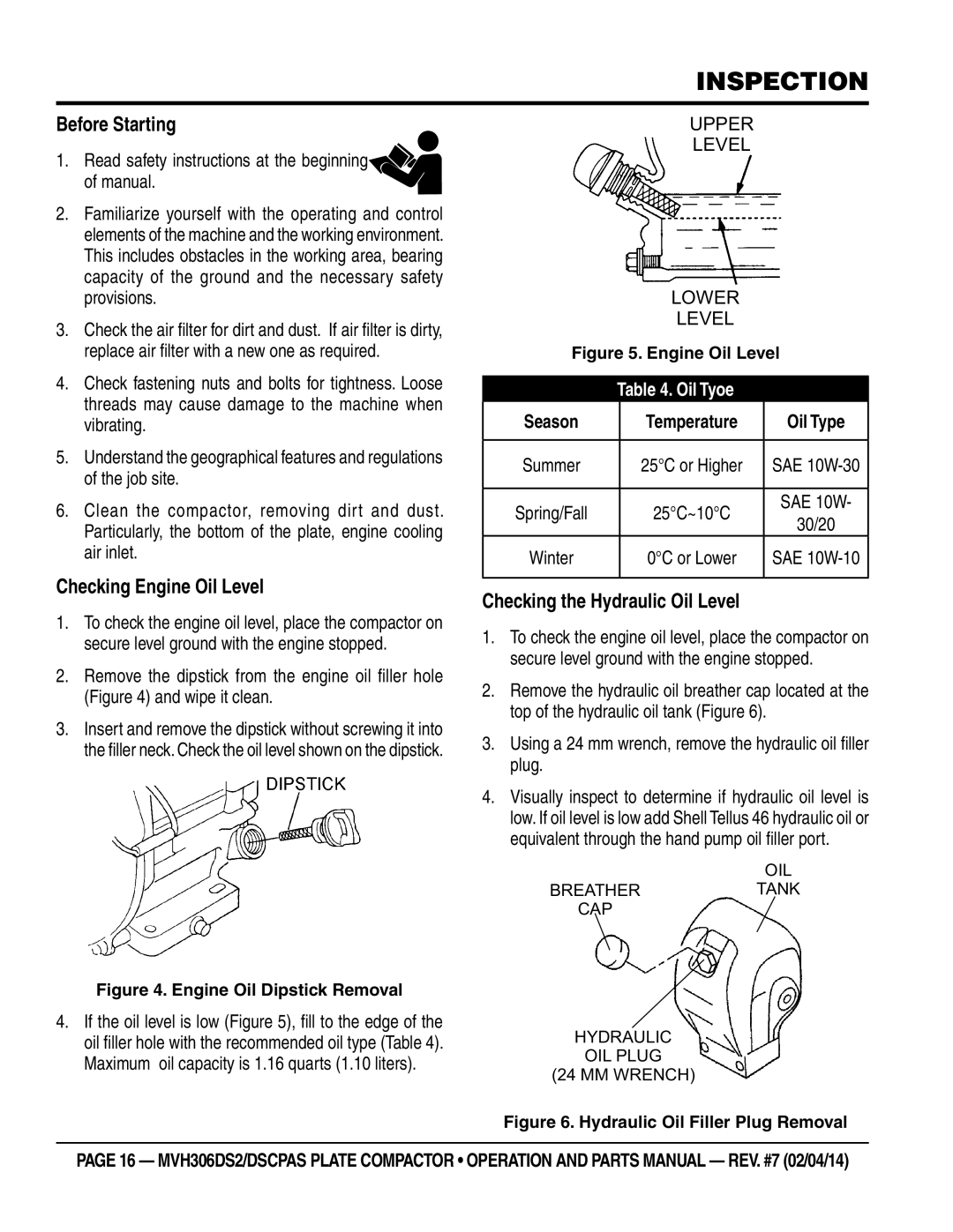 Multi Tech Equipment MVH306DSCPAS, MVH306DS2 Before Starting, Checking Engine Oil Level, Checking the Hydraulic Oil Level 