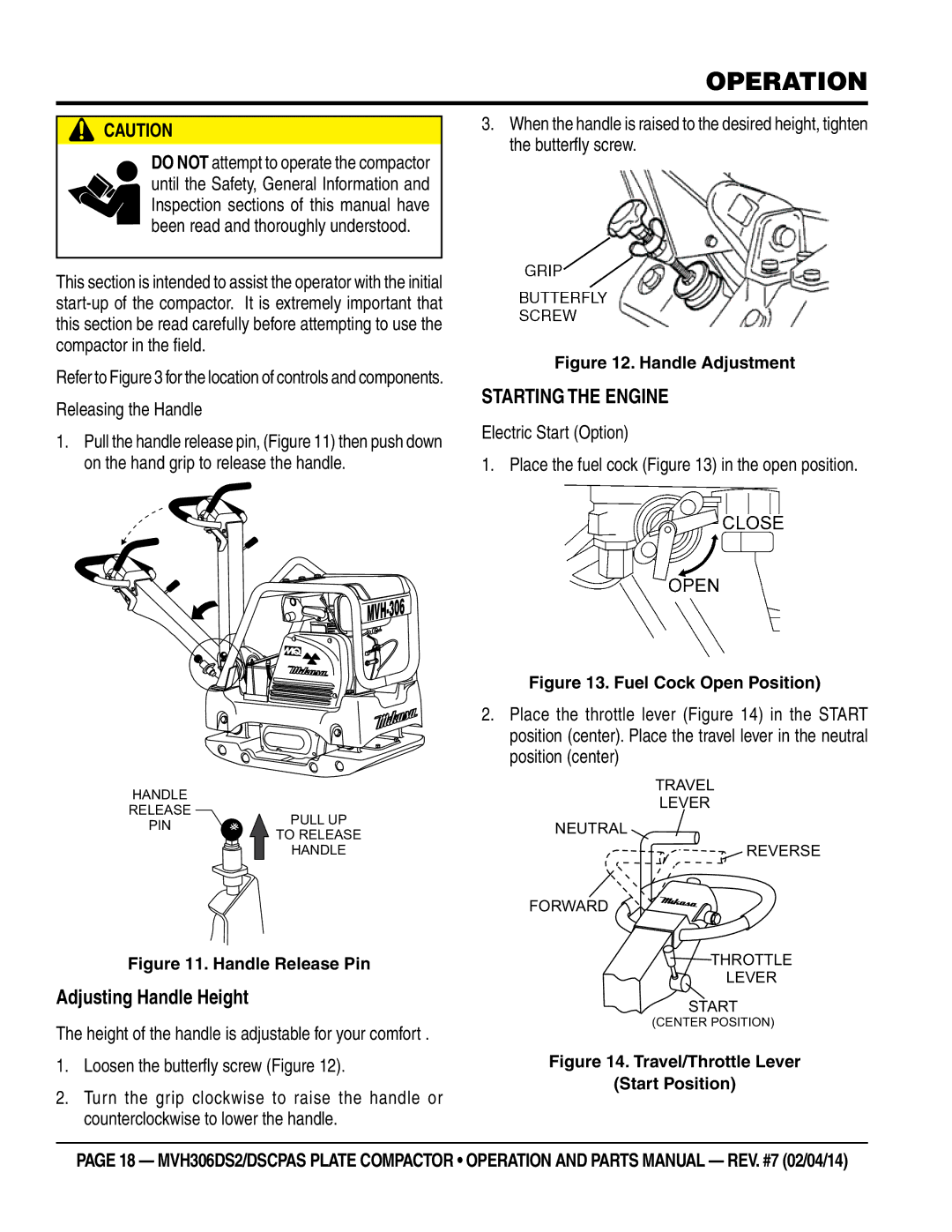 Multi Tech Equipment MVH306DSCPAS, MVH306DS2 manual Operation, Adjusting Handle Height, Releasing the Handle 