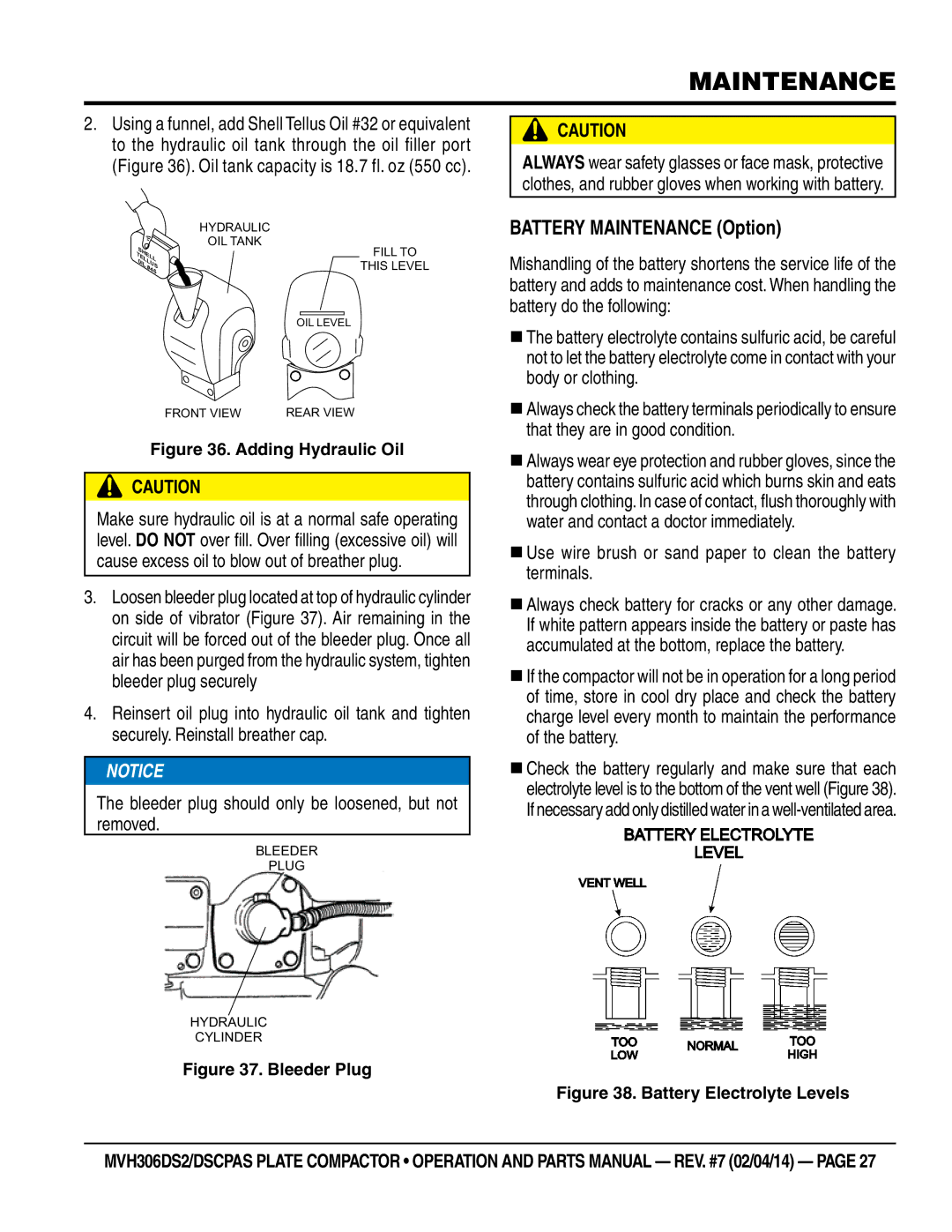 Multi Tech Equipment MVH306DS2, MVH306DSCPAS manual Battery Maintenance Option, Adding Hydraulic Oil 