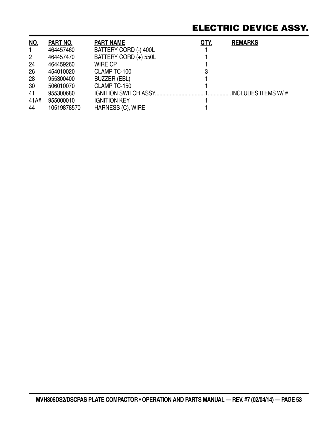 Multi Tech Equipment MVH306DS2, MVH306DSCPAS manual Wire CP, Buzzer EBL, Ignition KEY, Harness C, Wire 