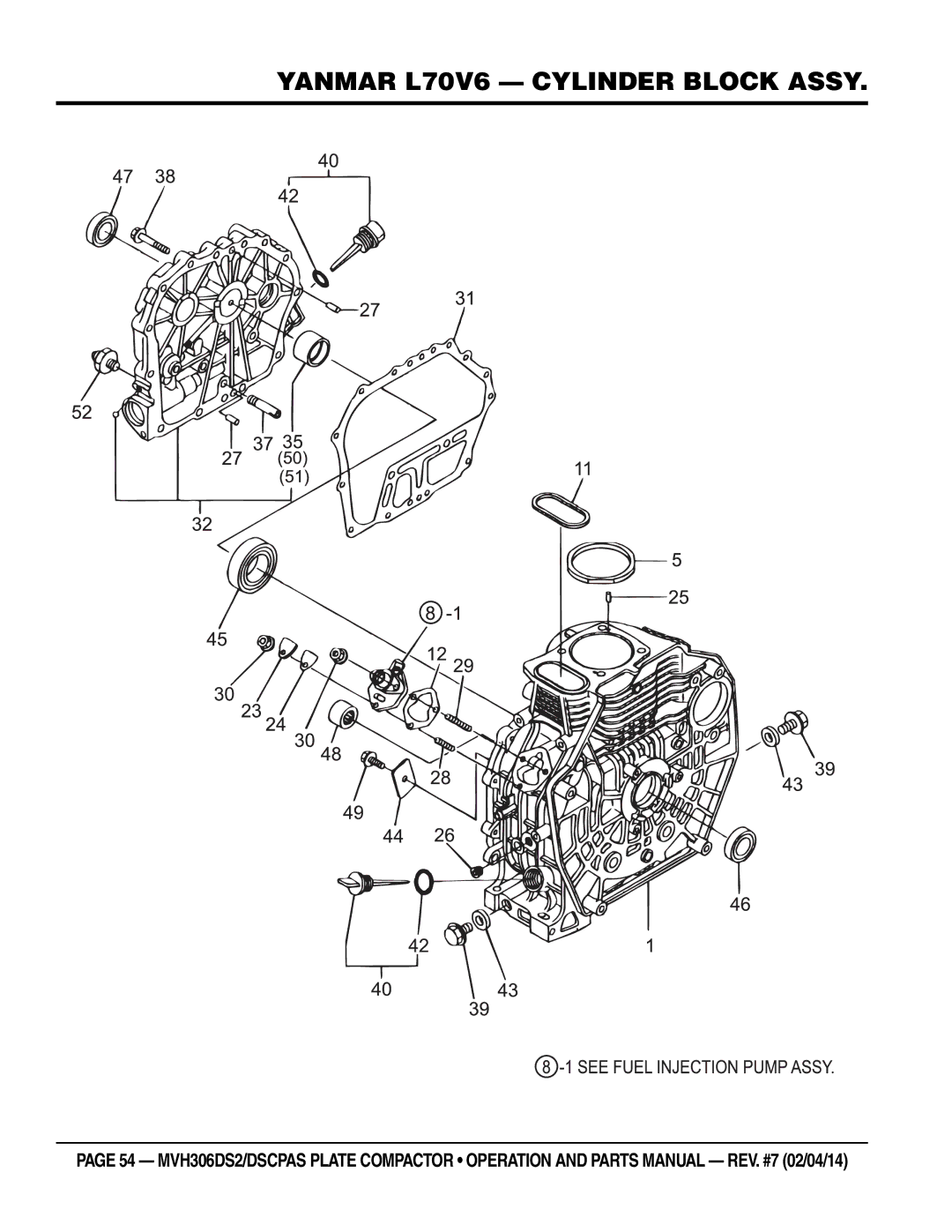 Multi Tech Equipment MVH306DSCPAS, MVH306DS2 manual Yanmar L70V6 Cylinder Block Assy 