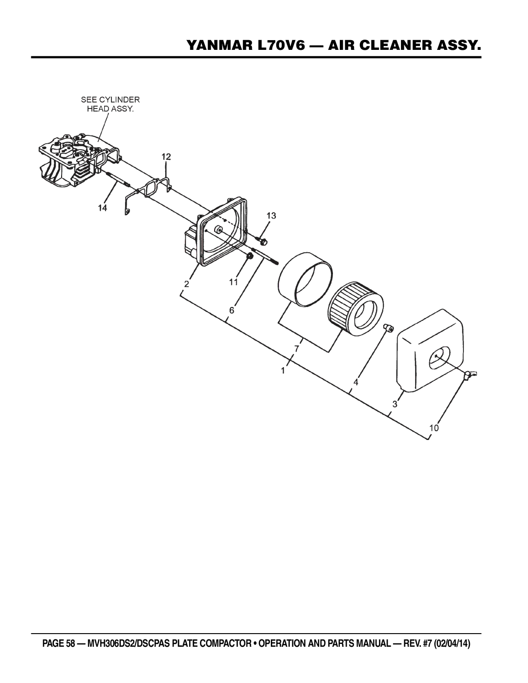 Multi Tech Equipment MVH306DSCPAS, MVH306DS2 manual Yanmar L70V6 air cleaner Assy 