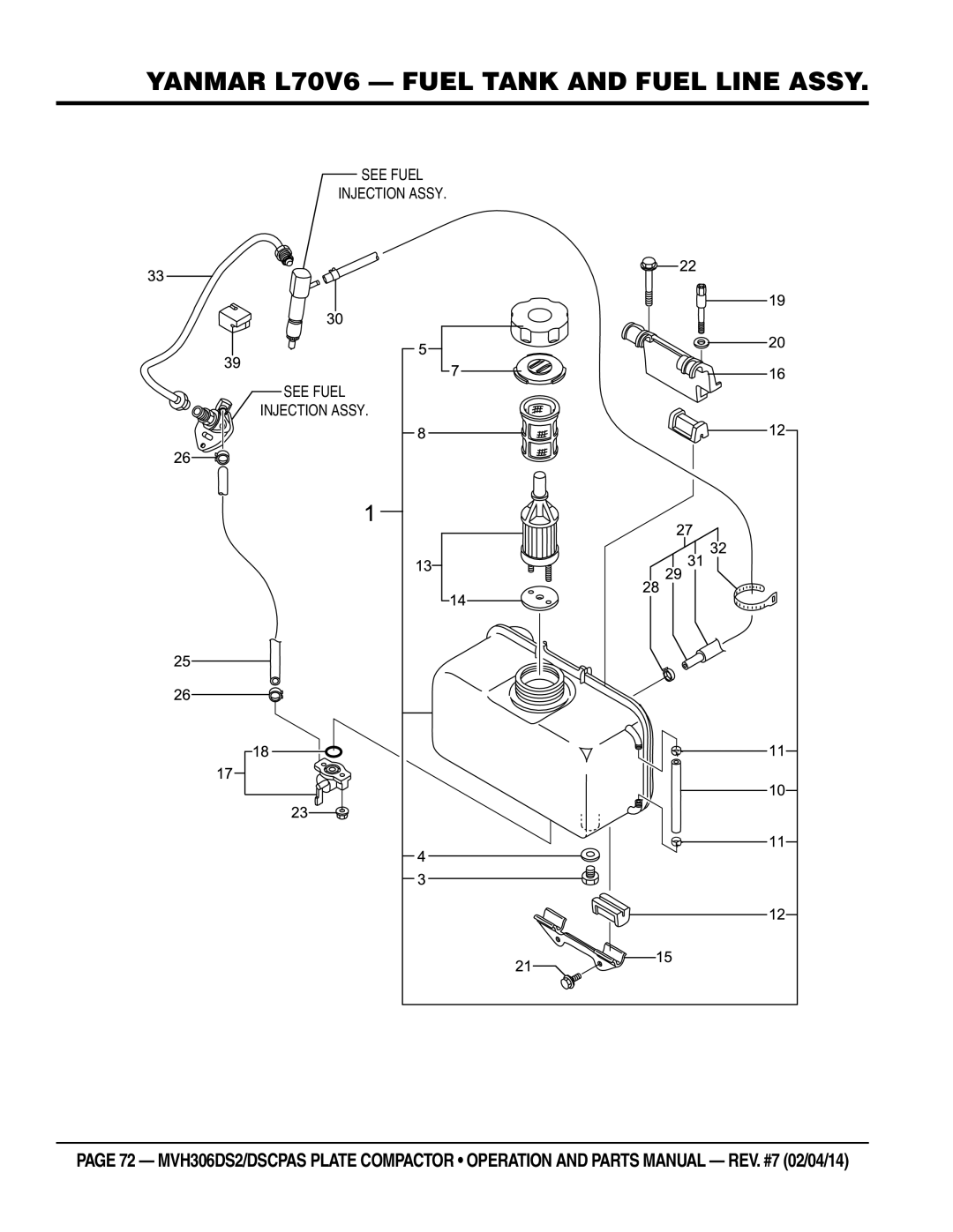 Multi Tech Equipment MVH306DSCPAS, MVH306DS2 manual Yanmar L70V6 Fuel Tank and Fuel Line Assy 