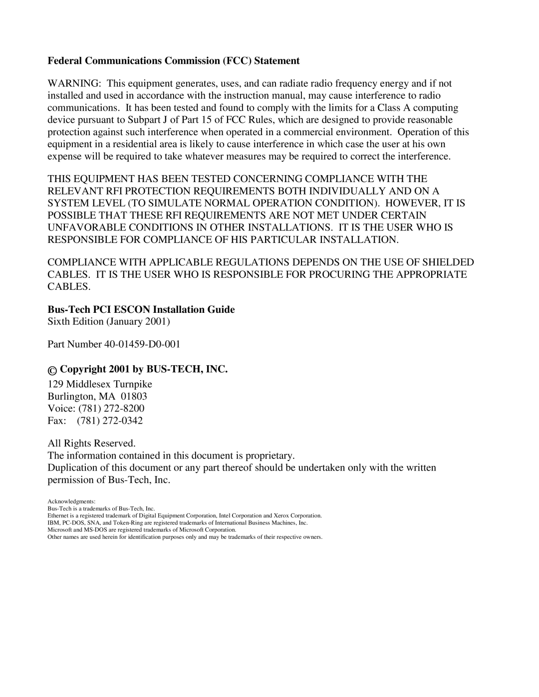 Multi-Tech Systems 40-01459-D0-001 Federal Communications Commission FCC Statement, Bus-Tech PCI Escon Installation Guide 