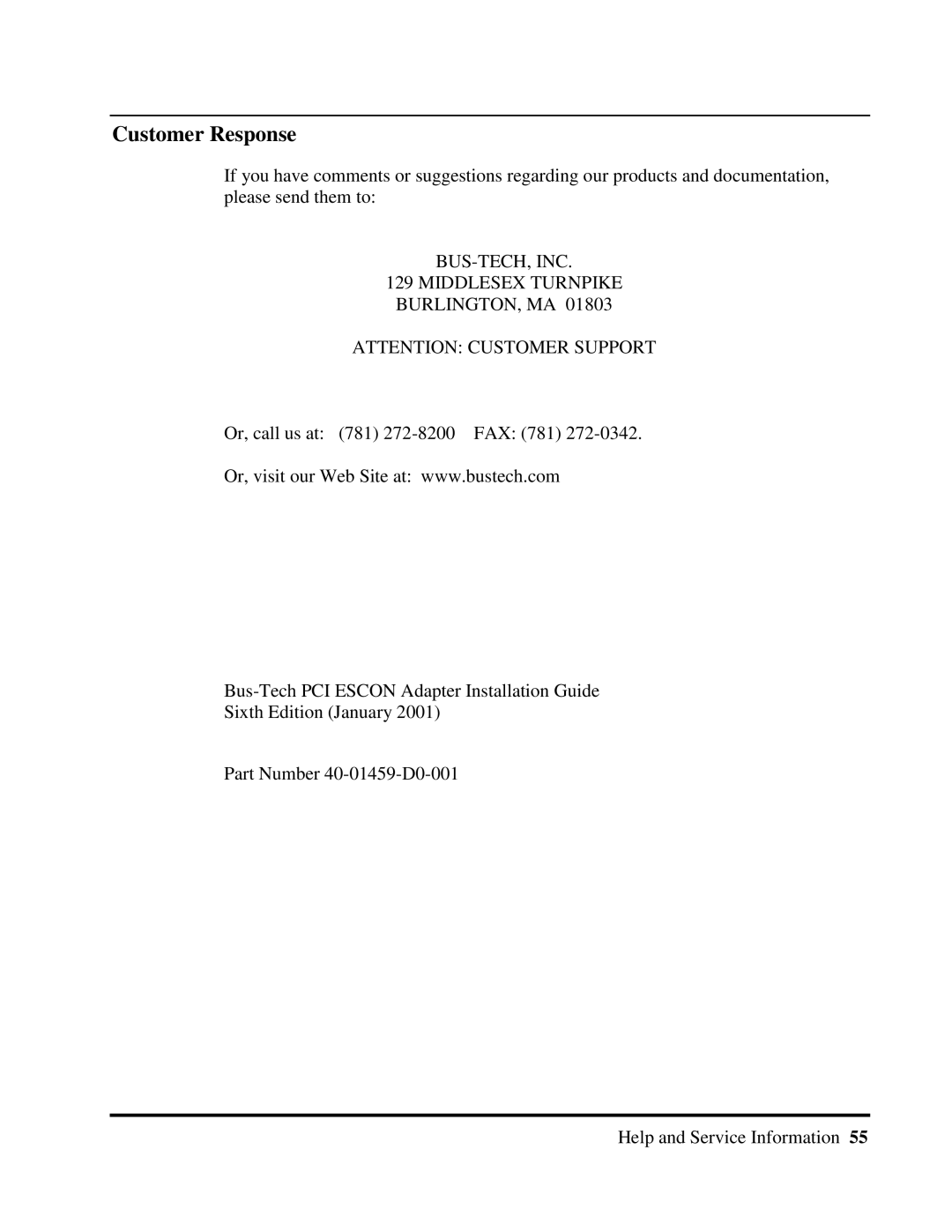 Multi-Tech Systems 40-01459-D0-001 manual Customer Response, BUS-TECH, INC Middlesex Turnpike BURLINGTON, MA 