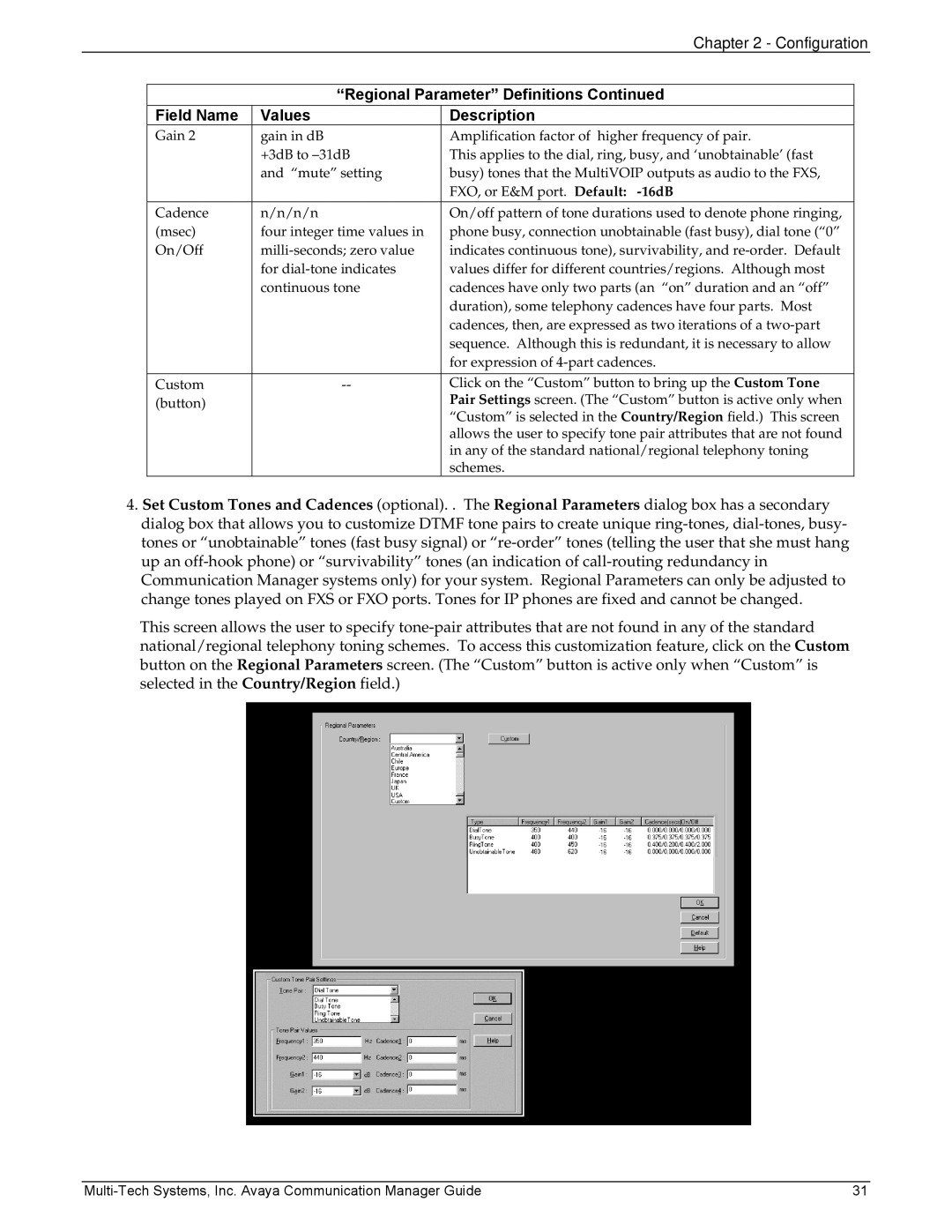 Multi-Tech Systems MVP103, 410 manual Regional Parameter Definitions, Field Name Values Description 