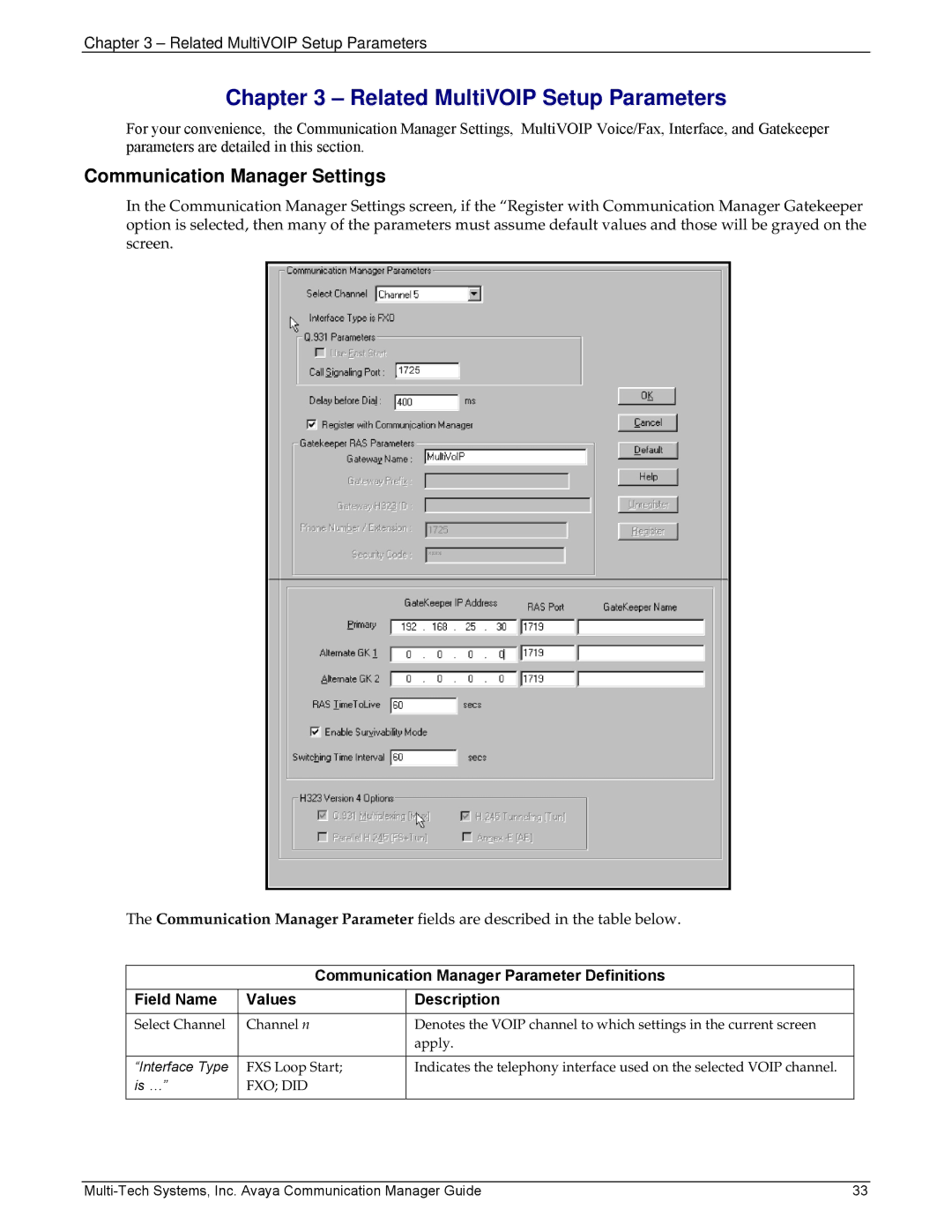 Multi-Tech Systems MVP103, 410 manual Communication Manager Settings, Related MultiVOIP Setup Parameters 