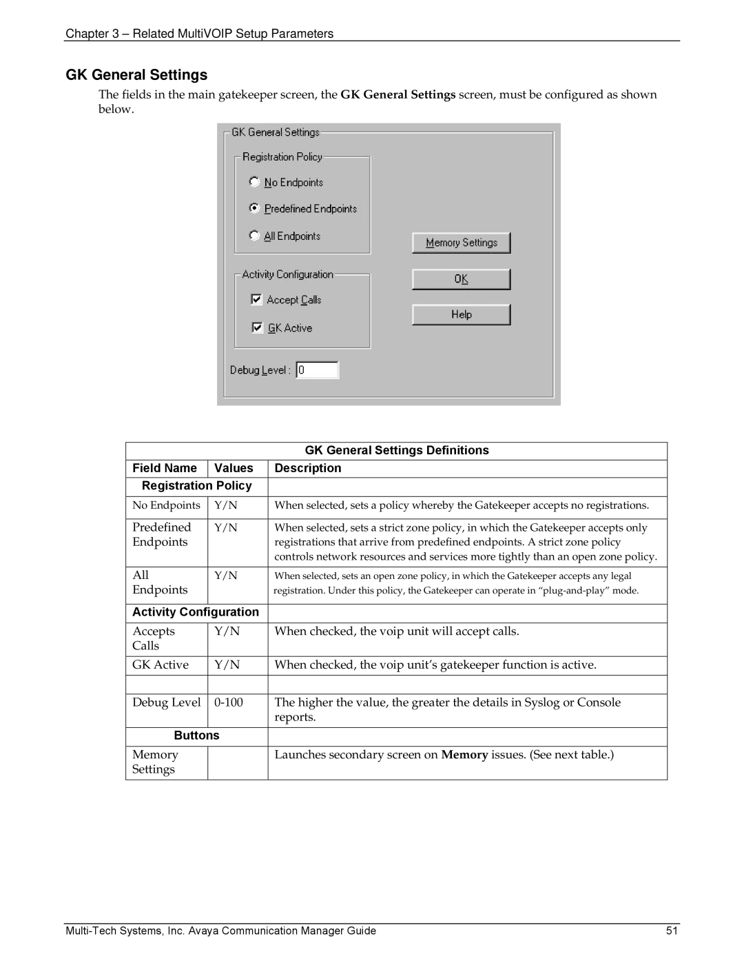 Multi-Tech Systems MVP103, 410 manual GK General Settings Definitions, Policy, Activity Configuration, Buttons 