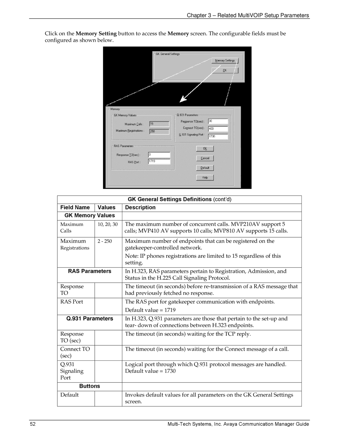 Multi-Tech Systems 410, MVP103 manual GK General Settings Definitions cont’d, RAS Parameters 