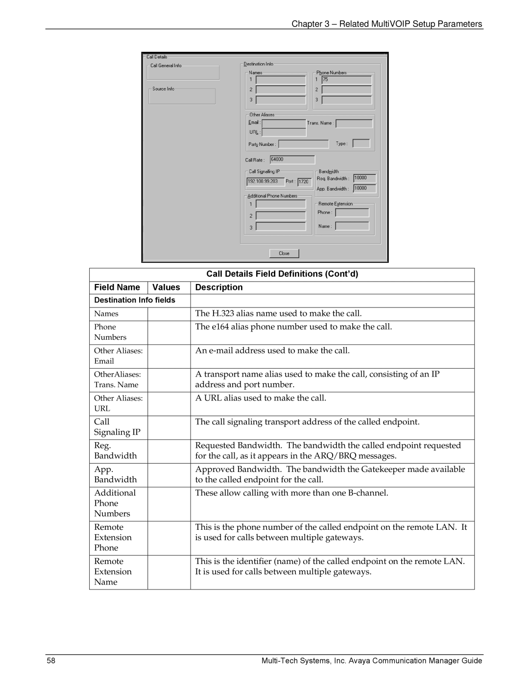 Multi-Tech Systems 410, MVP103 manual H.323 alias name used to make the call, E164 alias phone number used to make the call 