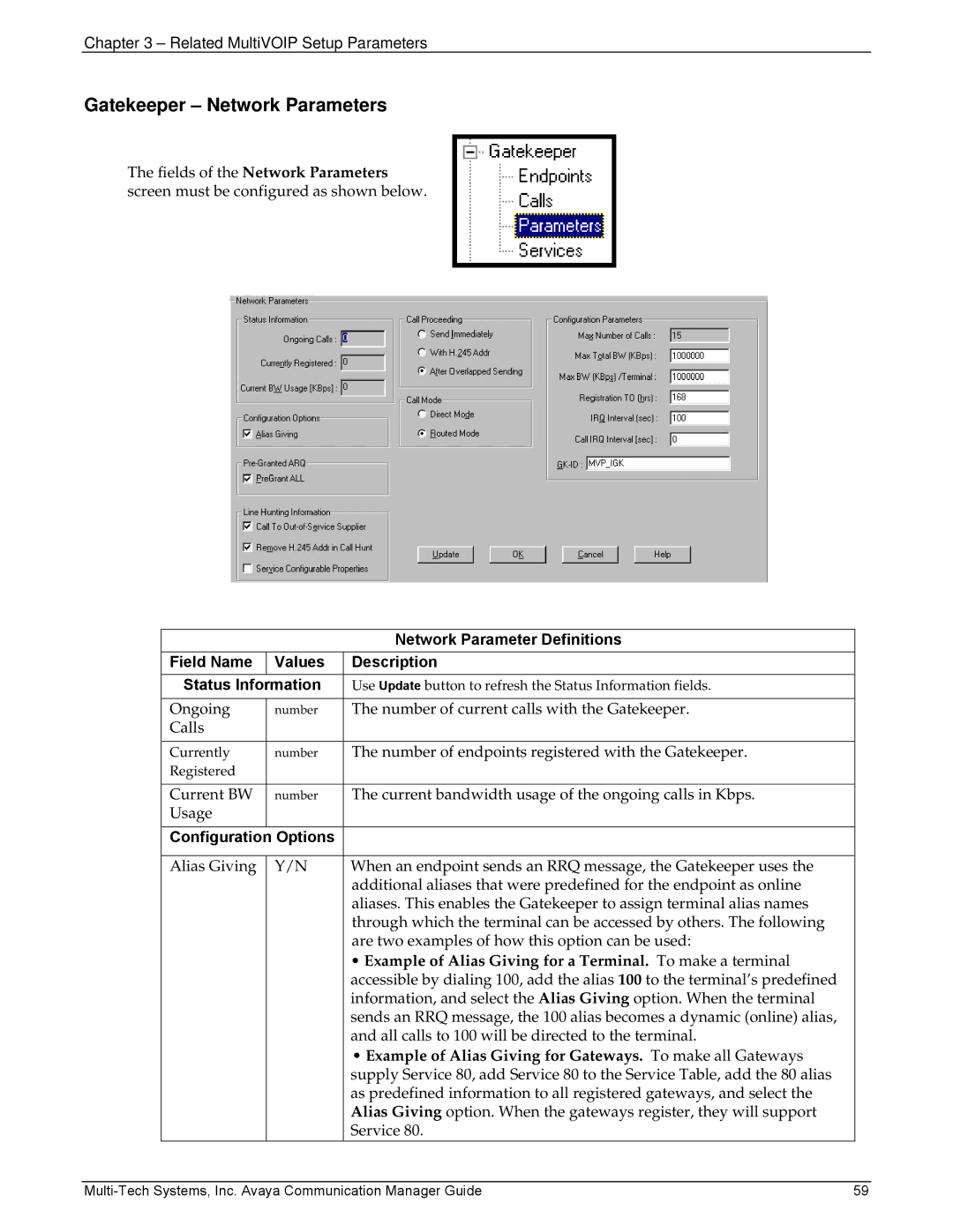 Multi-Tech Systems MVP103, 410 manual Gatekeeper Network Parameters, Network Parameter Definitions, Options 