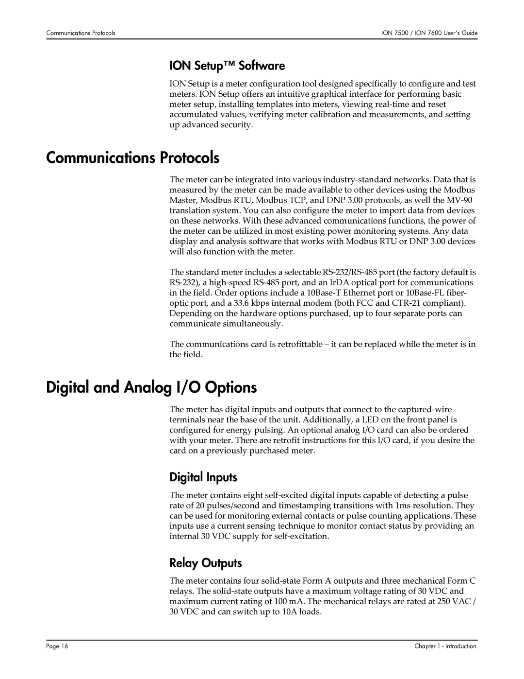 Multi-Tech Systems 7600, 7500 Communications Protocols, Digital and Analog I/O Options, ION Setup Software, Digital Inputs 