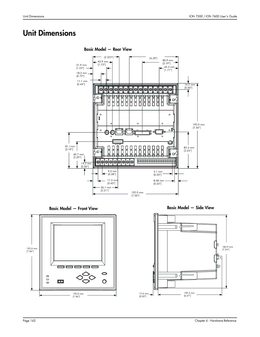 Multi-Tech Systems 7600, 7500 manual Unit Dimensions, Basic Model Rear View, Basic Model Front View, Basic Model Side View 