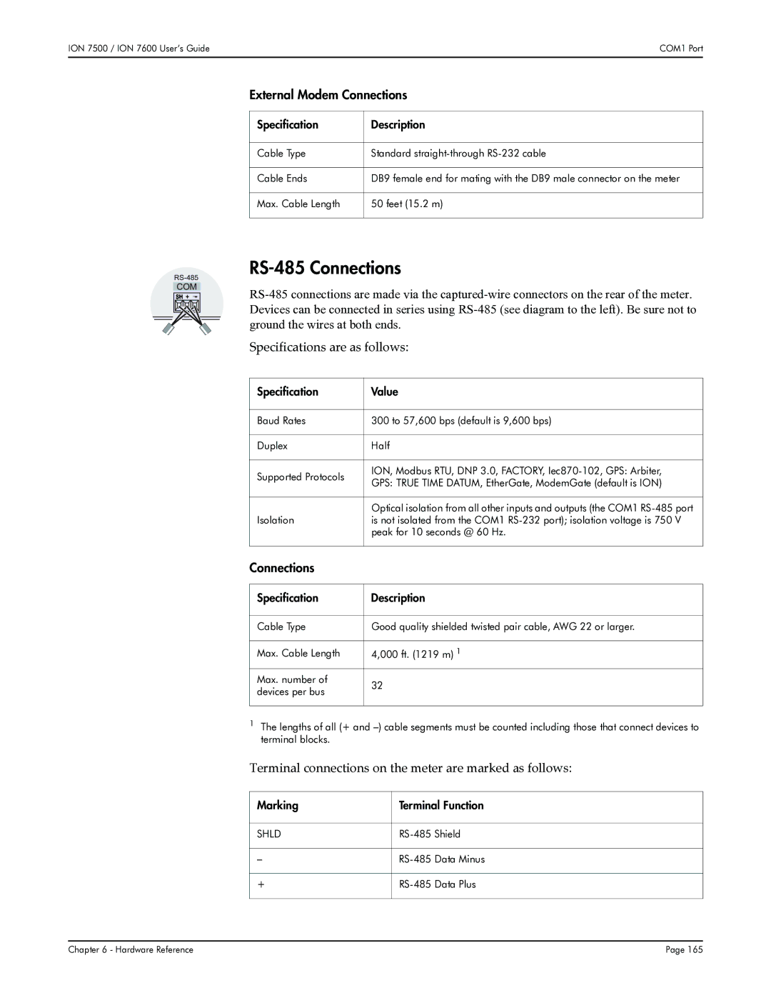 Multi-Tech Systems 7500, 7600 manual RS-485 Connections, Specifications are as follows, Marking Terminal Function 