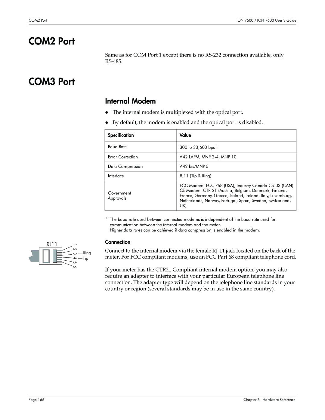 Multi-Tech Systems 7600, 7500 manual COM2 Port, COM3 Port, Internal Modem, RJ11, Connection 