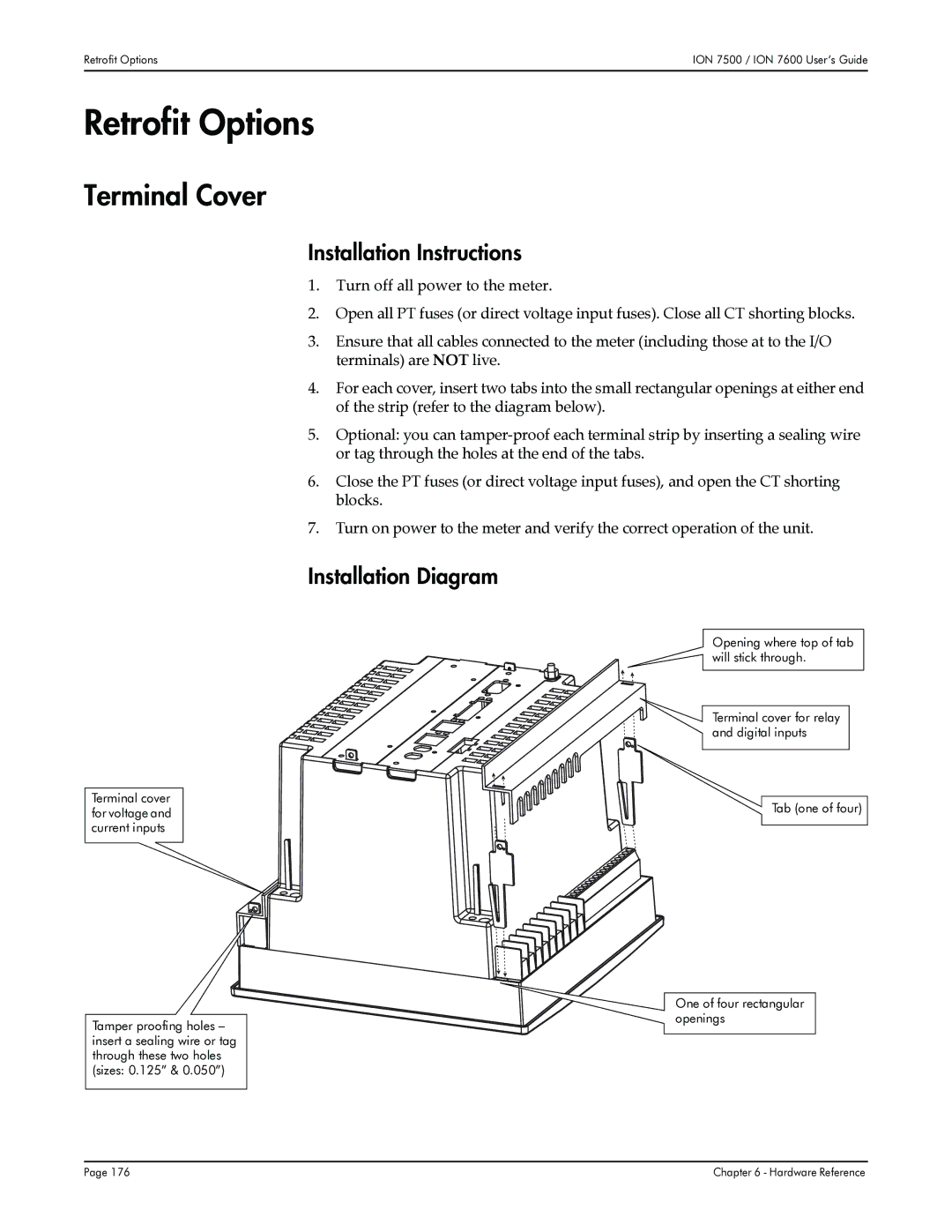 Multi-Tech Systems 7600, 7500 manual Retrofit Options, Terminal Cover, Installation Instructions, Installation Diagram 