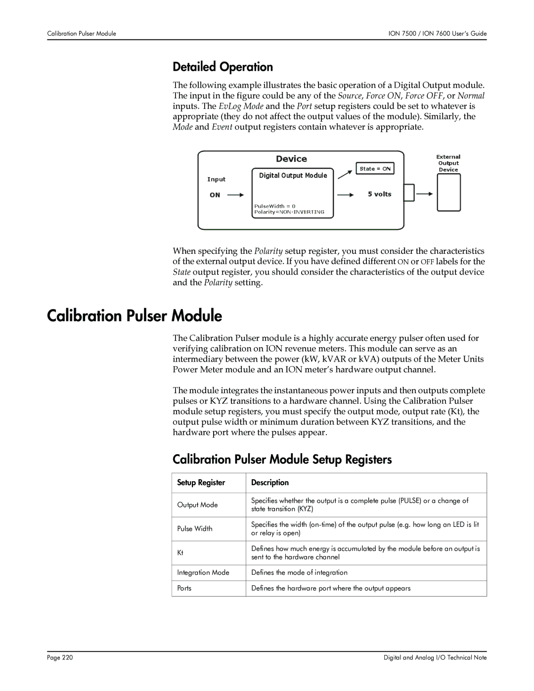 Multi-Tech Systems 7600, 7500 manual Detailed Operation, Calibration Pulser Module Setup Registers 