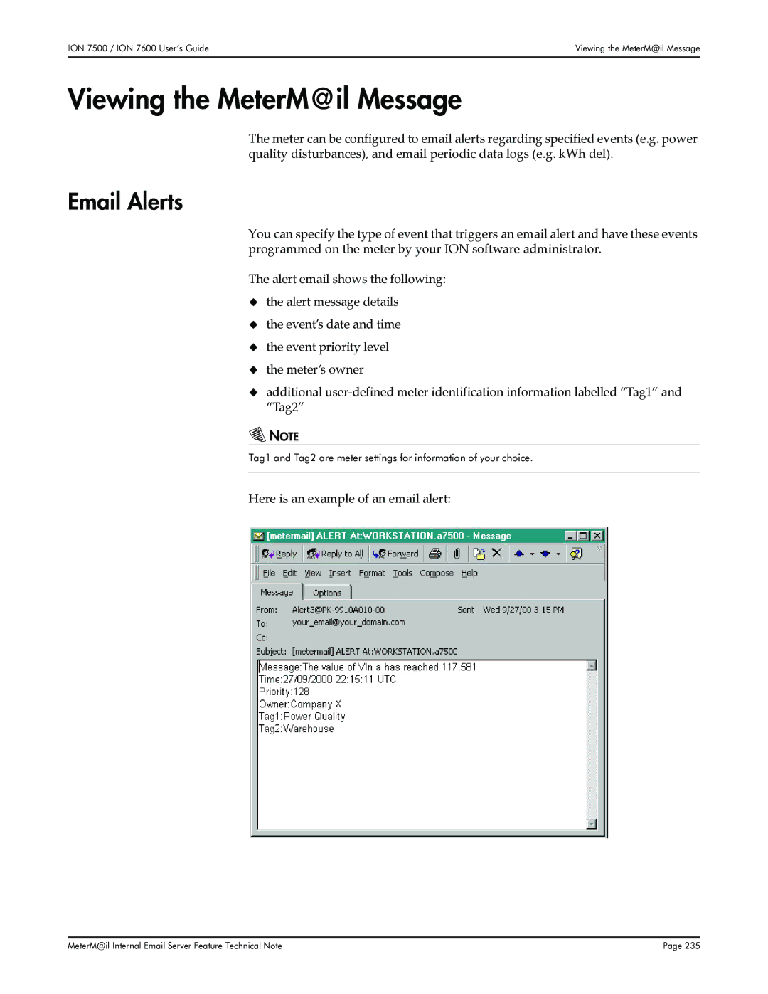 Multi-Tech Systems 7500, 7600 manual Viewing the MeterM@il Message, Email Alerts, Here is an example of an email alert 