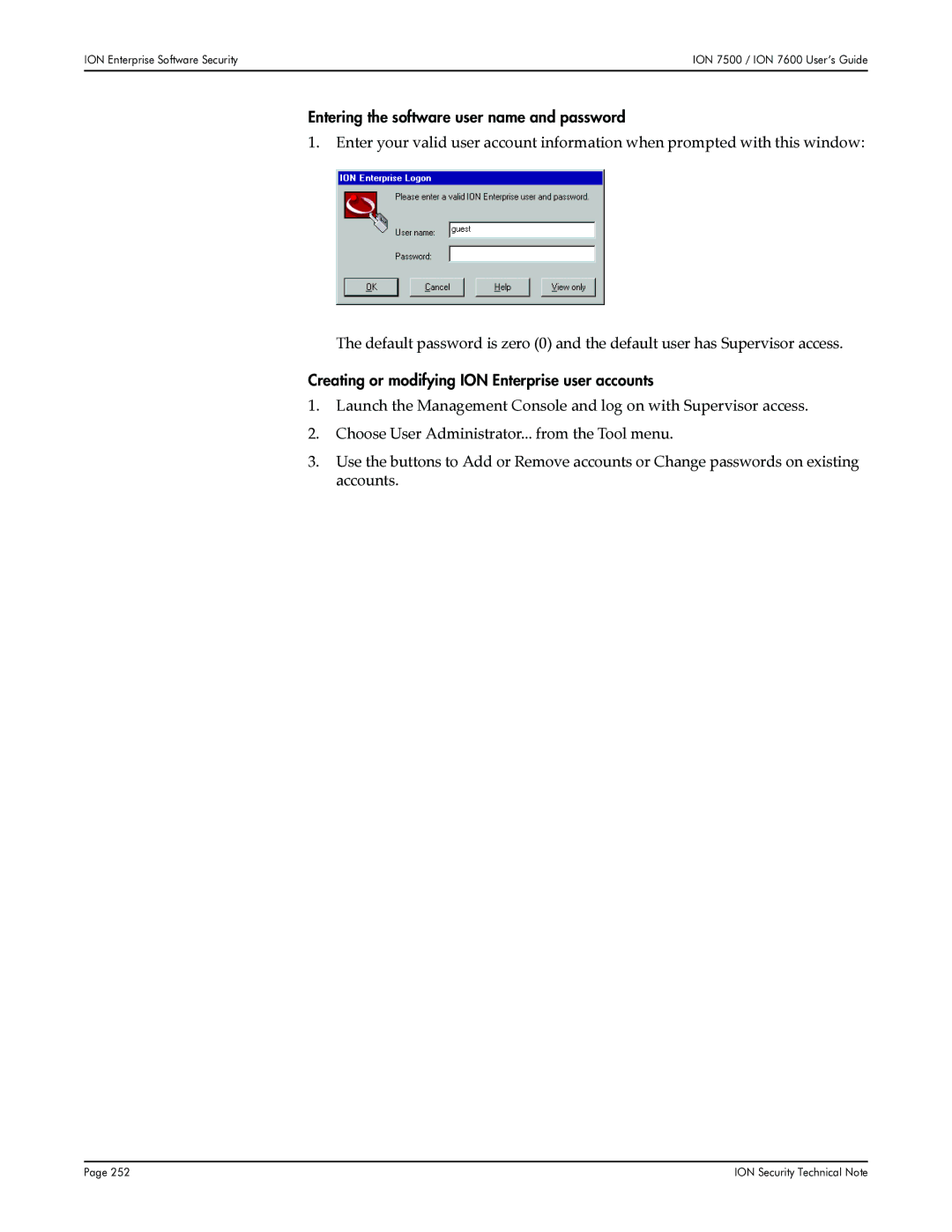 Multi-Tech Systems 7600 Entering the software user name and password, Creating or modifying ION Enterprise user accounts 