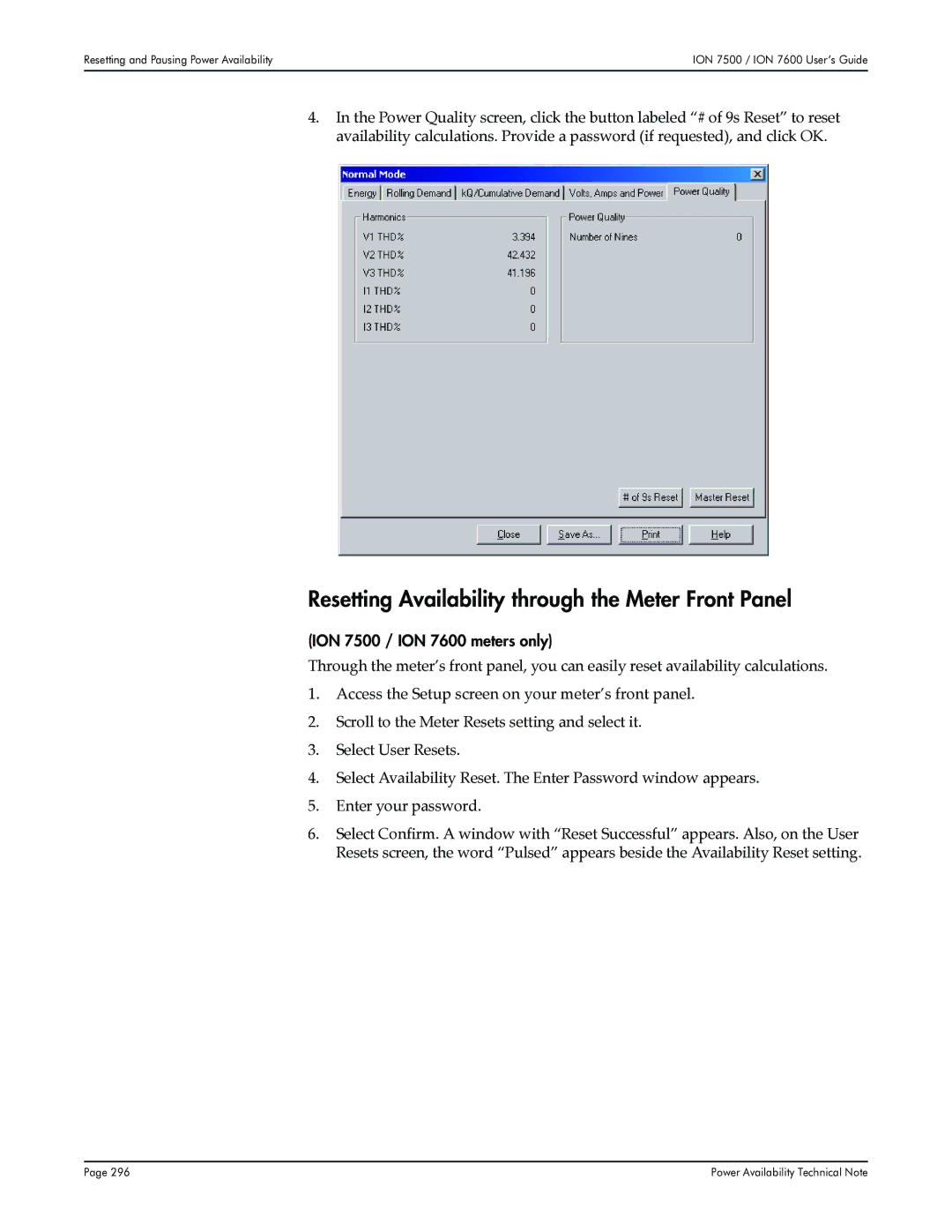 Multi-Tech Systems manual Resetting Availability through the Meter Front Panel, ION 7500 / ION 7600 meters only 