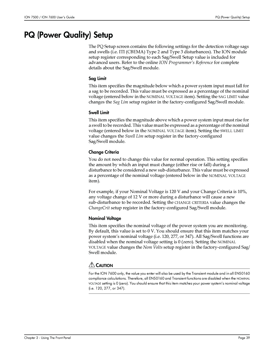 Multi-Tech Systems 7500, 7600 manual PQ Power Quality Setup, Sag Limit, Swell Limit, Change Criteria, Nominal Voltage 