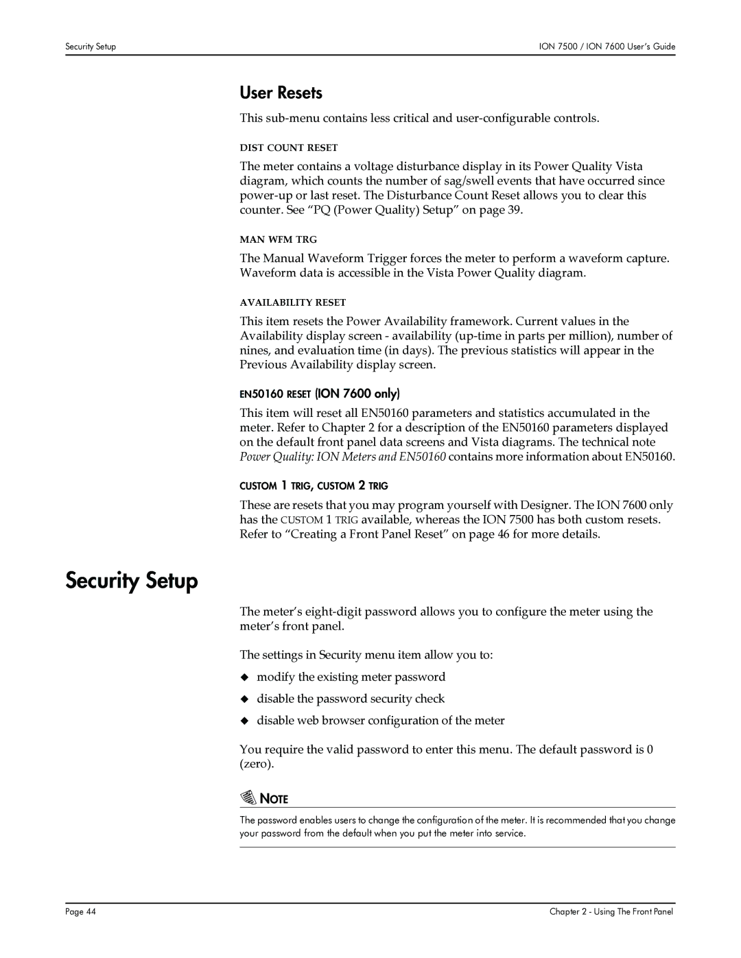 Multi-Tech Systems 7500 manual Security Setup, User Resets, EN50160 Reset ION 7600 only 