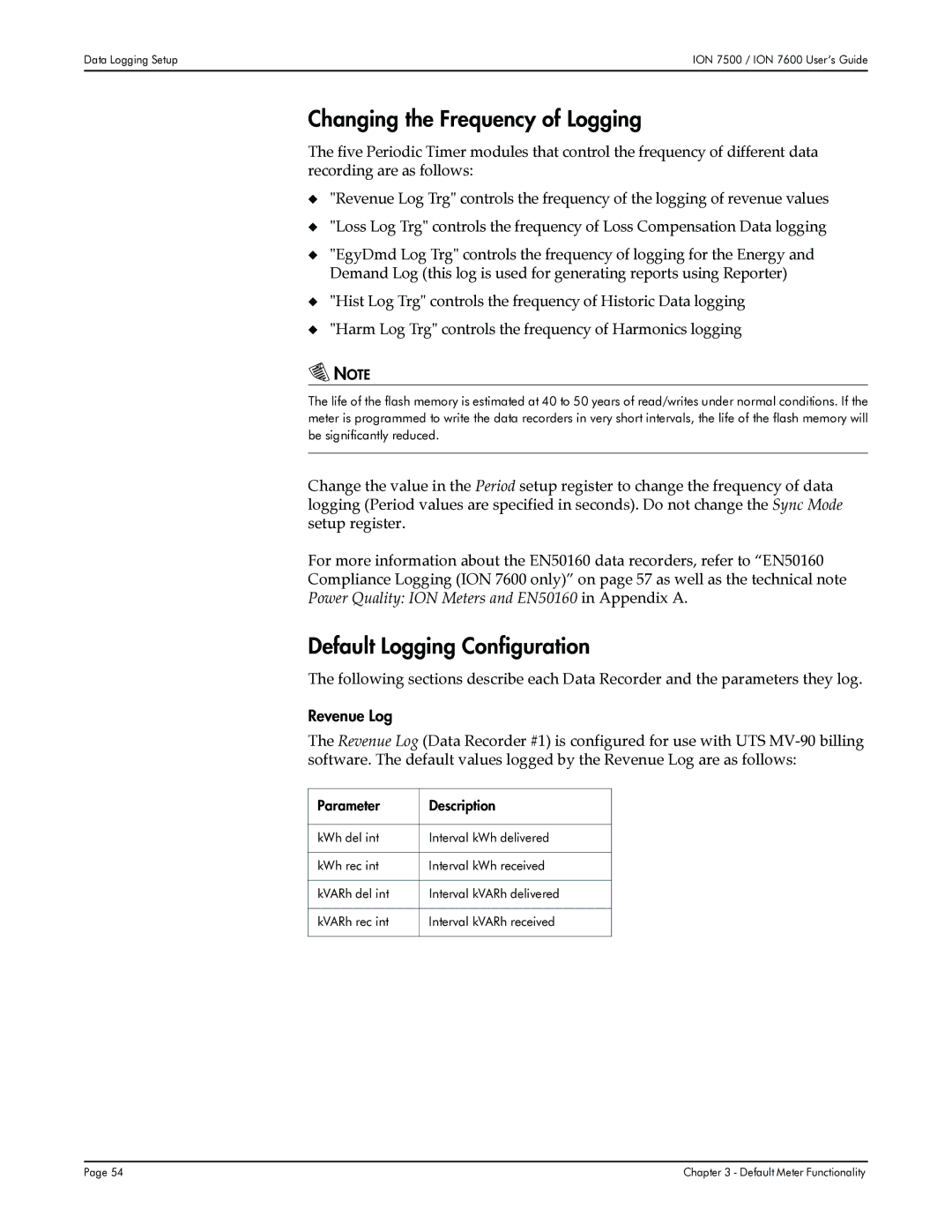 Multi-Tech Systems 7600, 7500 manual Changing the Frequency of Logging, Default Logging Configuration, Revenue Log 