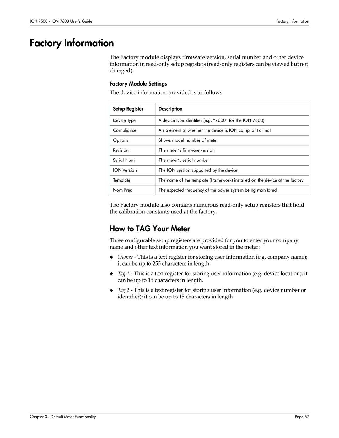 Multi-Tech Systems 7500 Factory Information, How to TAG Your Meter, Factory Module Settings, Setup Register Description 